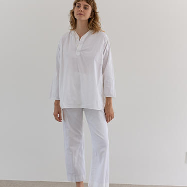 Vintage White Pajama Popover Shirt | 100% Cotton Work Tunic | M L | 
