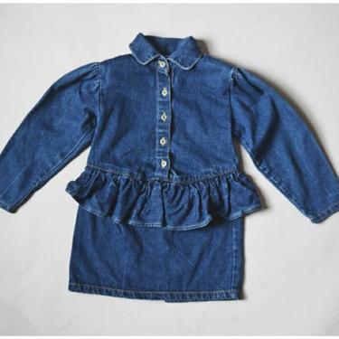 vtg 80s Toddler Girls Popsicle brand dark blue denim peplum button down dress w/ shoulder pads  | old school 1980s childrens jeans 