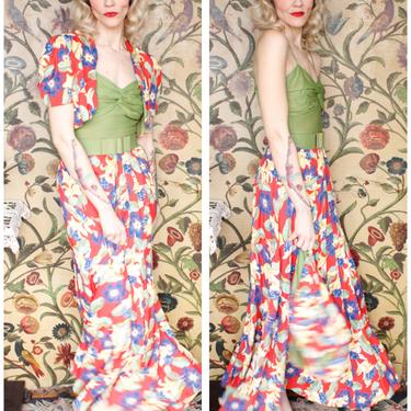1940s Gown // Hawaiian Floral Cold Rayon Gown with Bolero // vintage 40s gown 