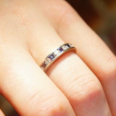 Vintage 14K White Gold Sapphire & Diamond Anniversary Ring, Baguette Sapphire, Brilliant Cut Diamond, Half Eternity Pave Ring, Size 7 3/4 US 