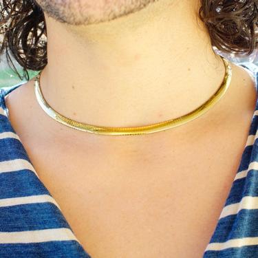 Vintage Italian Gold Tone Sterling Silver 6mm Omega Collar Necklace, Reversible Choker, Modernist Omega Collar Necklace, 925 Italy, 18&quot; Long 