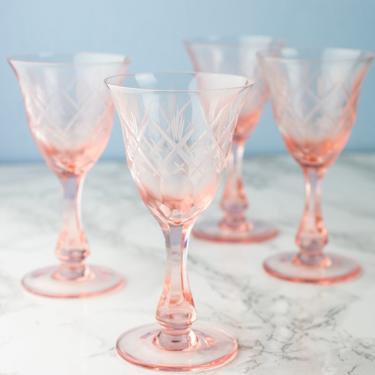 Vintage Pink Depression Etched Sherry Glassware - Set of 4