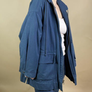 Vintage Blue Barn Jacket with Hood, Size Large 