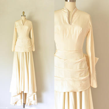 Onasis silk taffeta wedding dress, 1940s wedding gown, long sleeve wedding dress 