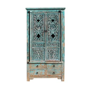 Chinese Distressed Light Blue Relief Carving  Armoire Storage Cabinet cs5417S