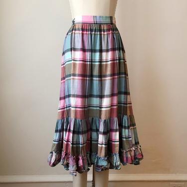 Pink, Blue and White Madras Plaid Ruffle Skirt - 1980s 
