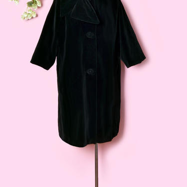 50's Black Velvet Coat, Vintage Lillie Ann Tie Neck style, Mid Century Vintage Warm Coat 1950's, 1960's 