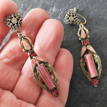 Art Deco Pink Glass Enamel Drop Earrings 