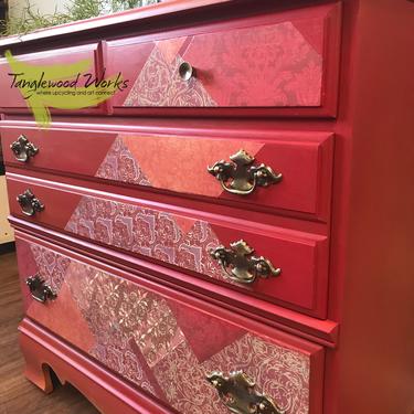 Upcycled Rose Red Decoupaged Side Table/ Dresser