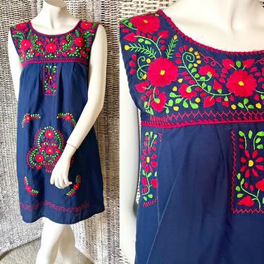 Mexican Embroidered Dress, Sleeveless, Dark Blue, Vibrant Stitching, Caftan,  Hippie Boho, Fits XS-S 