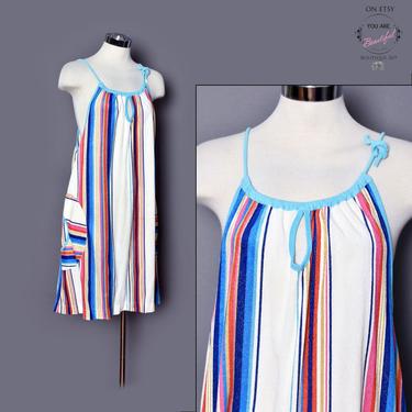 1970's A-Line Summer Dress, Vintage Boho Hippie Stripes, Knee Length Sun Dress, Cover up Festival Dress 