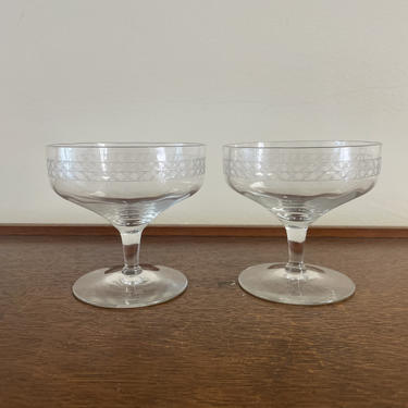 Vintage Cocktail Wine Coupe Glasses; Etched Lattice X Line Pattern- Set of 2 