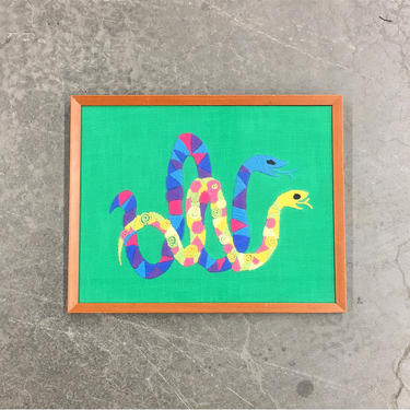 Vintage Crewel 1980s Retro Size 17x21 Snakes + Bohemian + Homemade + Reptiles + Embroidery + Colorful Fiber Art + Home and Wall Decor 