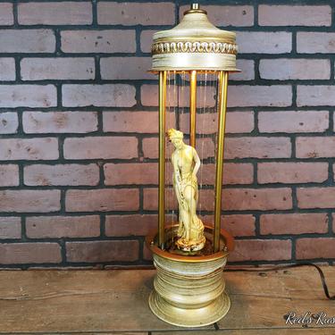 Vintage Tabletop 70’s Hanging Mineral Oil Rain Lamp Gold Goddess Grecian Nude Statue 