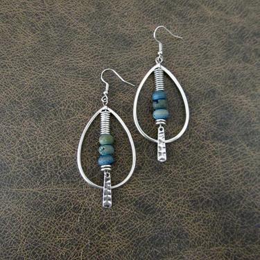 Hammered silver, blue druzy agate hoop earrings, gypsy earrings, bold geometric earrings, boho bohemian hippie statement unique southwest 