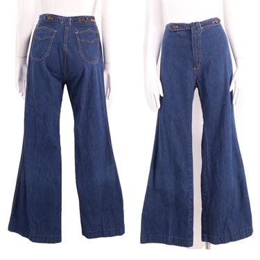70s Liora high waisted denim bell bottoms jeans 30  / vintage 1970s Chemin De Fer style dark denim bells flares pants sz 8 