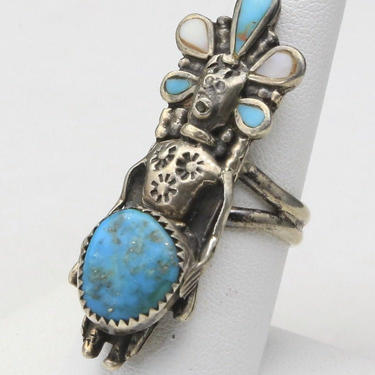 Vintage Johnny Blue Jay Hopi Kachina Silver Turquoise MOP Ring Sz 7.75 Signed 