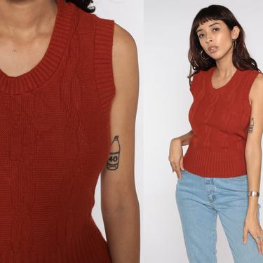 Cable Knit Vest Top Sleeveless Sweater 80s Tank Rust Vest 1980s Sleeveless Pullover Vintage 70s Cableknit Small S 