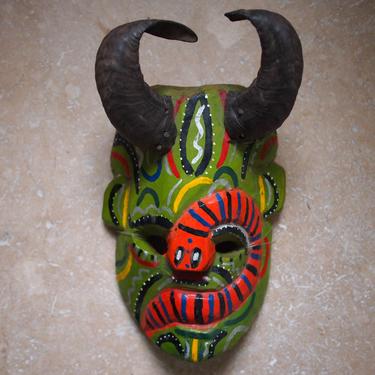 Vintage MEXICAN DANCE MASK 11&amp;quot;, Carved Wood + Horns Antlers Colorful Folk Art mid-century modern outsider brut tribal primitive eames era 