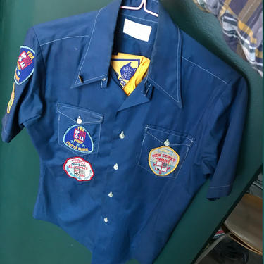 old bowling shirt with bsa cub scouts scarf pin patches BSA Vintage mid-century button down 