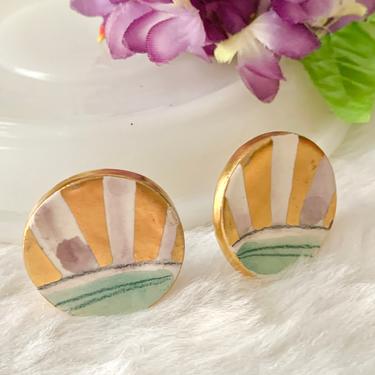Sunrise Sunset Abstract Artsy Earrings, Ceramic, Pottery, Statement, Clip On, Vintage 