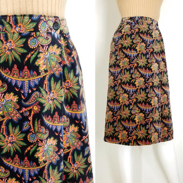 Vintage 70s Velvet Paisley Skirt ~ Bold Multi-Color Boho Floral Paisley Print on Black ~ Classic A- Line Midi Wrap Skirt ~  XS/S 