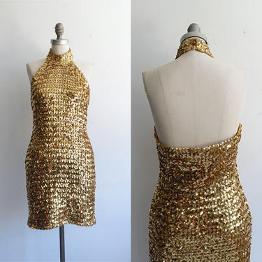 Vintage 80s Gold Sequin Halter Dress/ 1980s Body Con Metallic Sequined Mini Dress/ Backless/ Size Large 