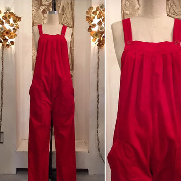 1970s red jumpsuit, bib overalls, vintage jumpsuit, corduroy pants, trousers up, size medium, vintage 70s overalls 
