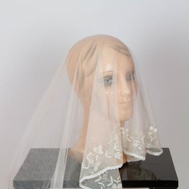 Antique Wedding Veil ~ Cotton Tulle Princess Lace Long Ecru Veil 1910s 1920s 1930s 