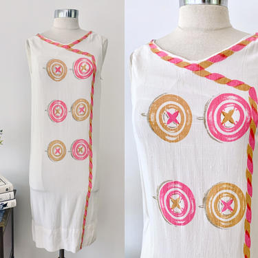 1960's Ivory Raw Silk / Sleeveless Summer Dress w/ Pink &amp; Copper Painted Buttons / XXS Size 0 