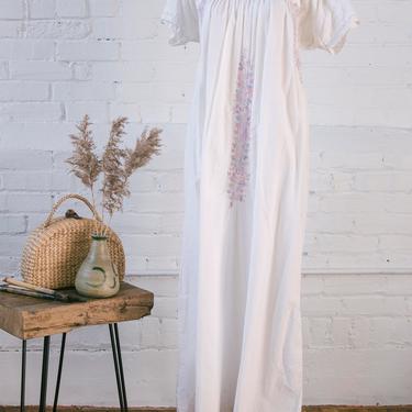1970s Vintage Oaxaca White Cotton  Embroidered Dress 