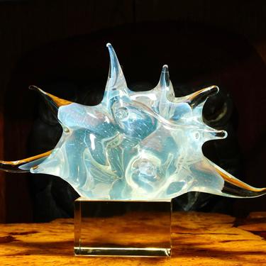 Vintage Signed Abstract Spiked Glass Sculpture, Large Pulled Glass Table Top Art, Experimental Form, Modernist, 10” H x 14 1/2” W 