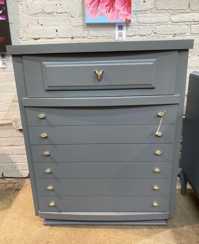 Grey MCM chest of drawers, 34.5” x 20” x 43” H 