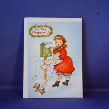 Vtg Unused Christmas Greeting Card ~ Cute Little Girl in Red Coat w/ Her Little Dog Snow Flakes & Wind Blown Letters ~ Gibson Greeting Card 