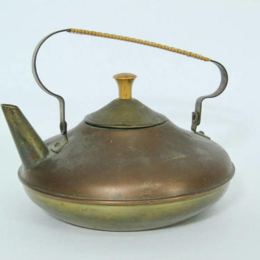 Vintage Dutch Copper and Brass Tea Pot, Round Slant Handle, Holland 