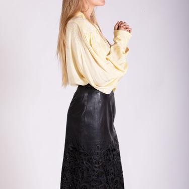 Vintage VALENTINO Laser Cut Leather Slit Detail Midi Skirt with Mesh Inlets sz 26 27 IT42 Pelle Garavani Minimal 90s Y2K 