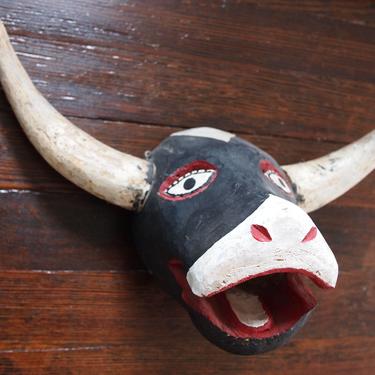 Vintage MEXICAN DANCE Wall MASK 15&amp;quot; Carved Wood Cow Bull Horns Folk Art mid-century modern outsider tribal primitive ethnographic eames era 