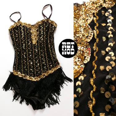 JUNIOR SIZE - Vintage Black &amp; Gold Sequin Bodysuit Leotard Costume Outfit with Fringe 