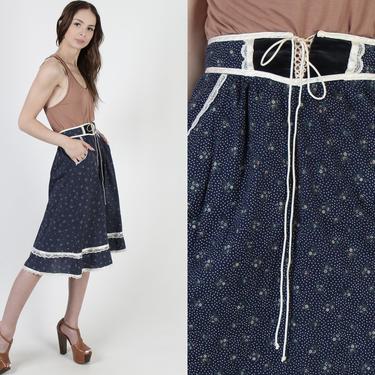 Calico Navy Blue High Waist Skirt / Gunne Sax Corset Tie Pockets Skirt / Below The Knee Vintage Tiered Mini Midi Gunnies Skirt 