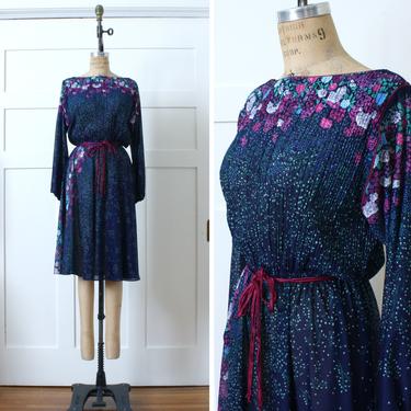 vintage 1970s floral dress • pleated long sleeve blue &amp; purple polyester chiffon dress 