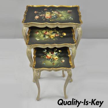 3 Italian Florentine Vintage Nesting Side Tables Floral Hand Painted Tops