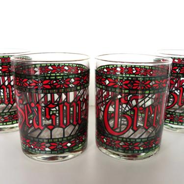 4 Seasons Greetings Stained Glass Barware, Vintage Holiday Christmas Drinking Tumblers By Houze 