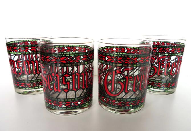 VTG HOUZE Christmas stained drinking glass tumbler "Seasons Greetings" Houze 4 