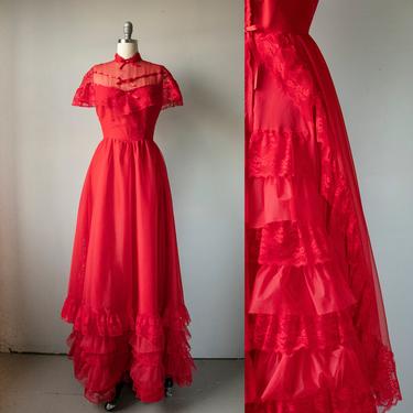 1980s Dress Red Lace Ruffle Gown S 