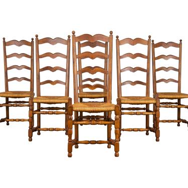 Antique Set of 6 Country French Provincial Farmhouse Ladder Back Oak Dining Chairs 