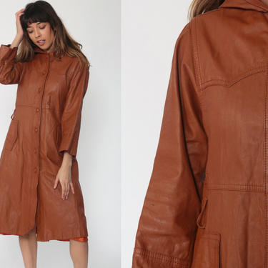 Leather Trench Coat 70s Hooded Trenchcoat Brown Boho Hippie Jacket 1970s Hipster Womens Spy Jacket Bohemian Seventies Fitted Extra Small xs 