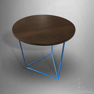 Modern Side Table with Round Walnut Top with Fuchsia Triangle Steel Base 