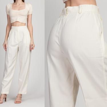 80s White High Waist Pleated Trousers - Small, 26&quot; | Vintage Minimalist Ivory Tapered Leg Pants 