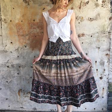 1970s Prairie Floral Print Cotton Midi Skirt XS 