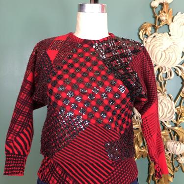 1980s mohair sweater, plaid sweater, vintage sweater, sequin sweater, vintage jumper, red wool sweater, size small, dolman sleeves, beaded 